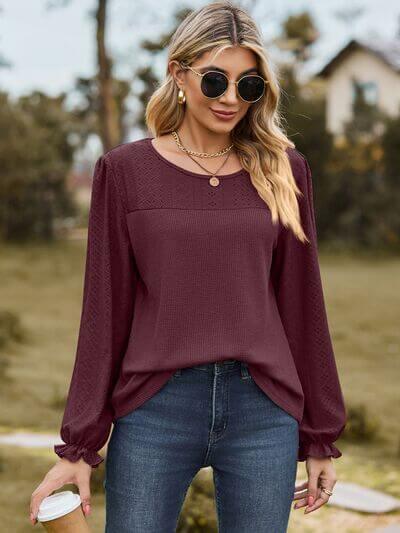 Round Neck Flounce Sleeve Top - Clothes For Her Online Store