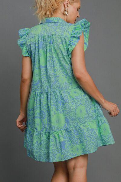 Umgee Full Size Printed Ruffle Cap Sleeve Babydoll Dress Plus Size - Clothes For Her Online Store