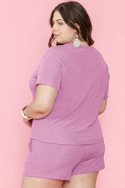 Plus Size Round Neck Short Sleeve Top and Shorts Set - Clothes For Her Online Store