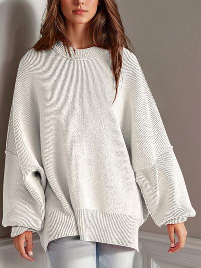 Double Take Side Slit Round Neck Long Sleeve Sweater - Clothes For Her Online Store