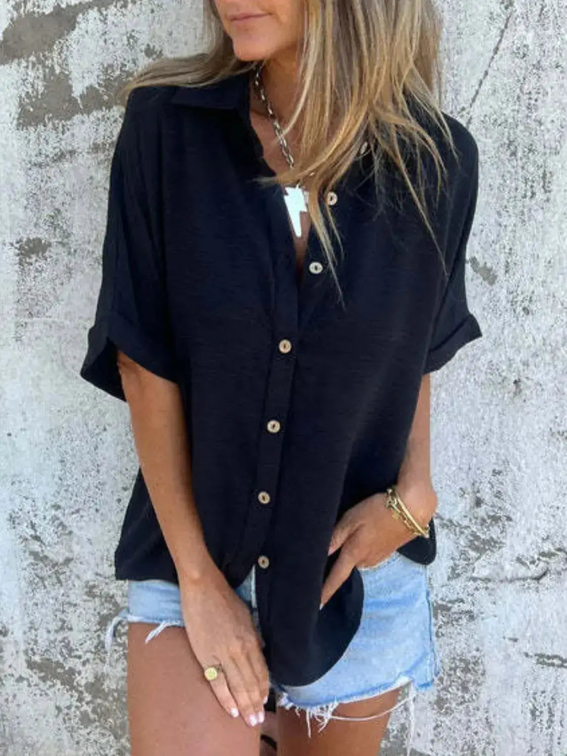 Full Size Collared Neck Half Sleeve Shirt Plus Size - Clothes For Her Online Store