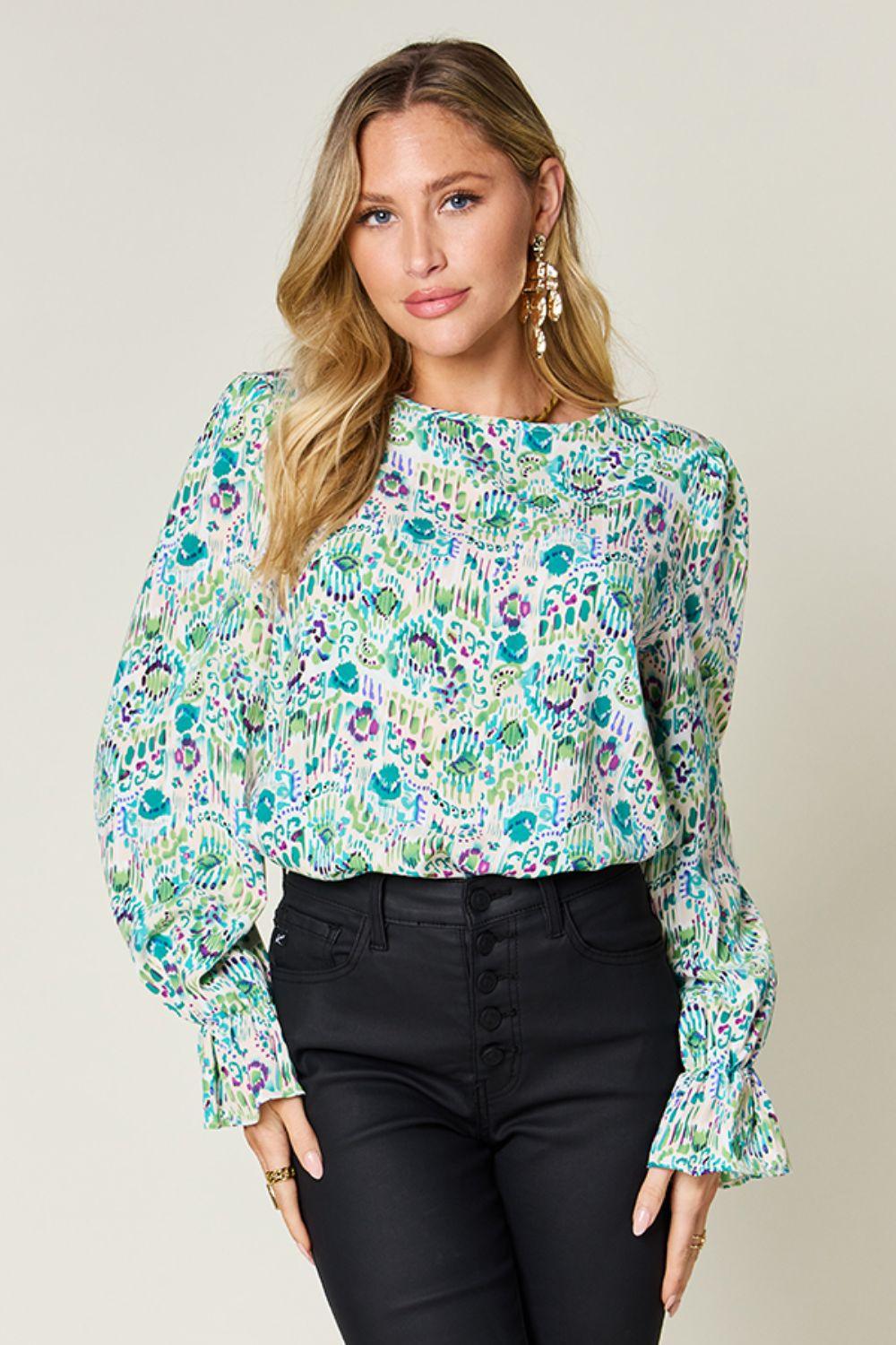 Double Take Full Size Printed Flounce Sleeve Blouse - Clothes For Her Online Store