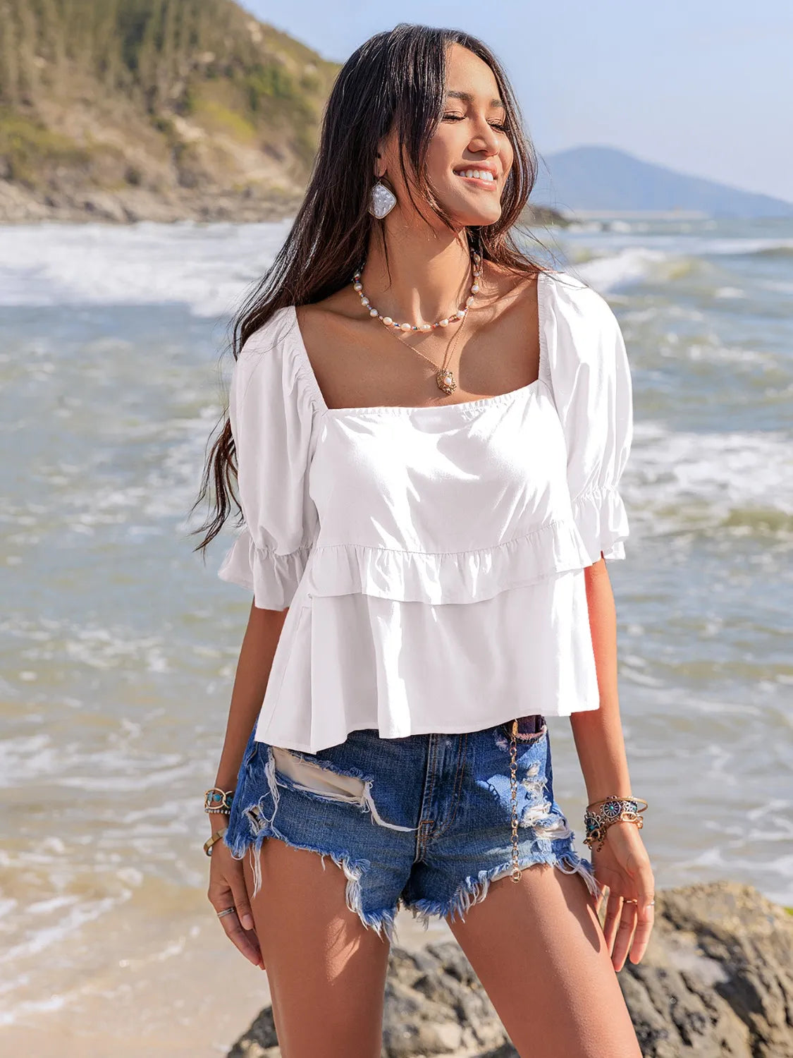 Ruffled Square Neck Half Sleeve Blouse
