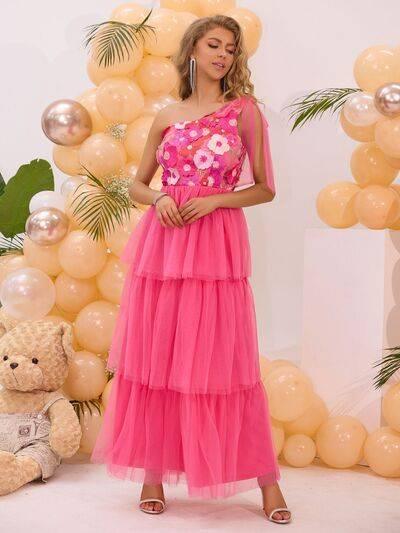 Embroidered Layered Single Shoulder Midi Dress - Clothes For Her Online Store