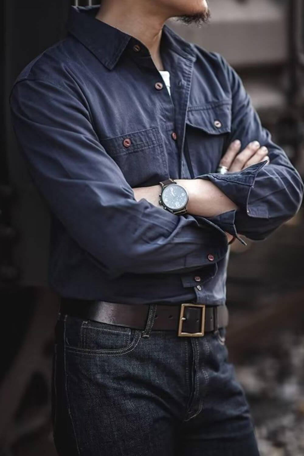 Men's Button Down Long Sleeve Shirt with Chest Pockets - Clothes For Her Online Store