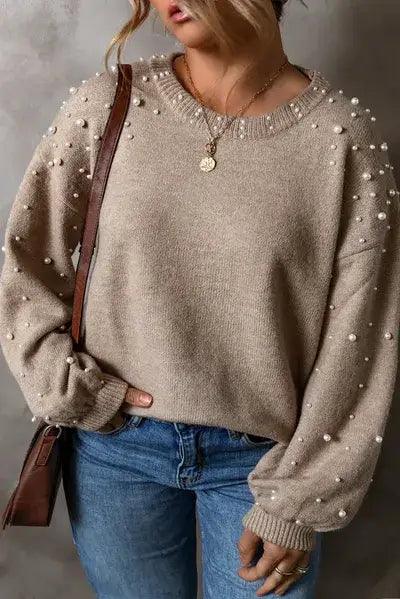Plus Size Pearl Detail Round Neck Long Sleeve Sweater - Clothes For Her Online Store