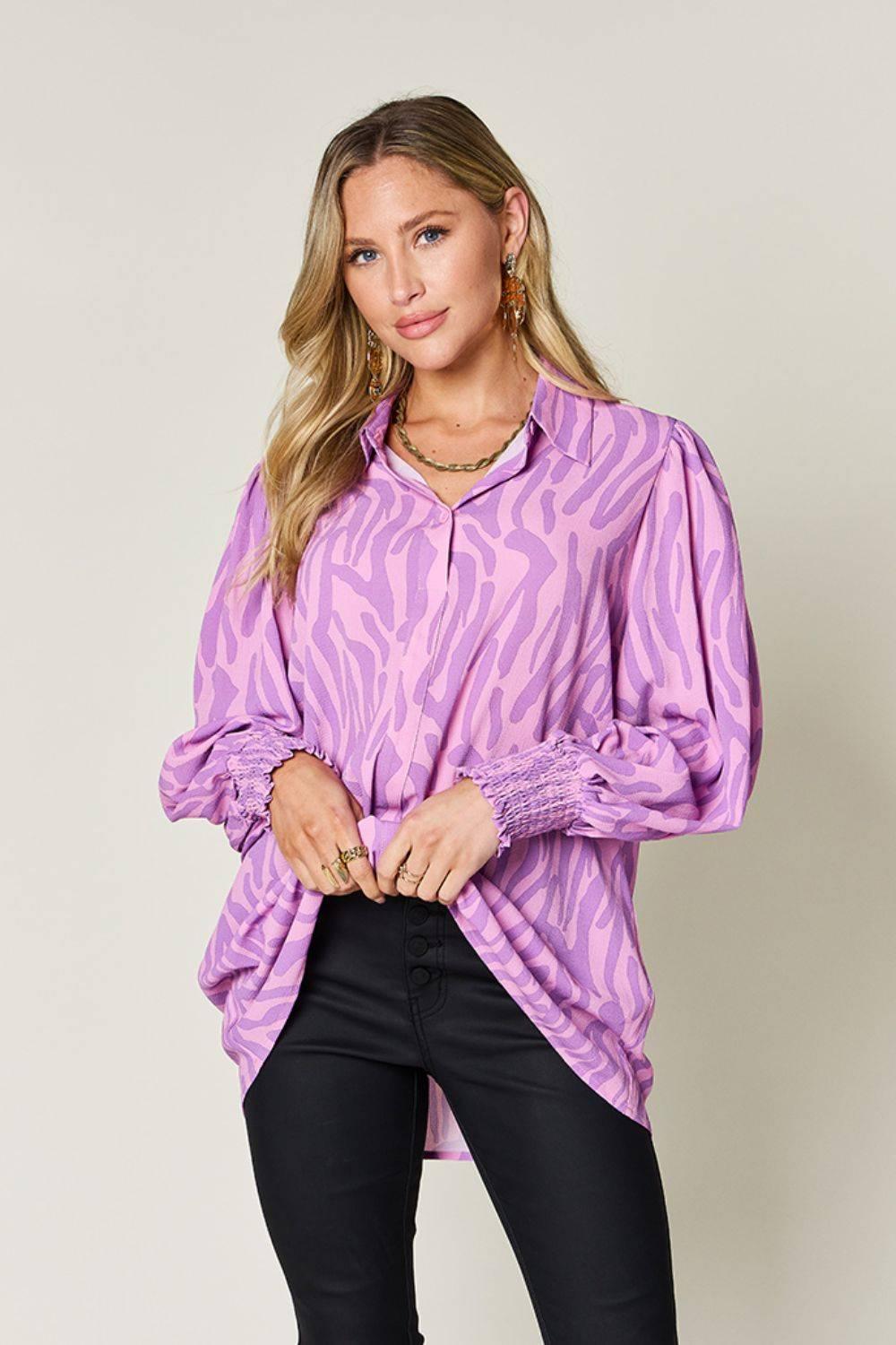 Double Take Full Size Printed Smocked Long Sleeve Blouse - Clothes For Her Online Store