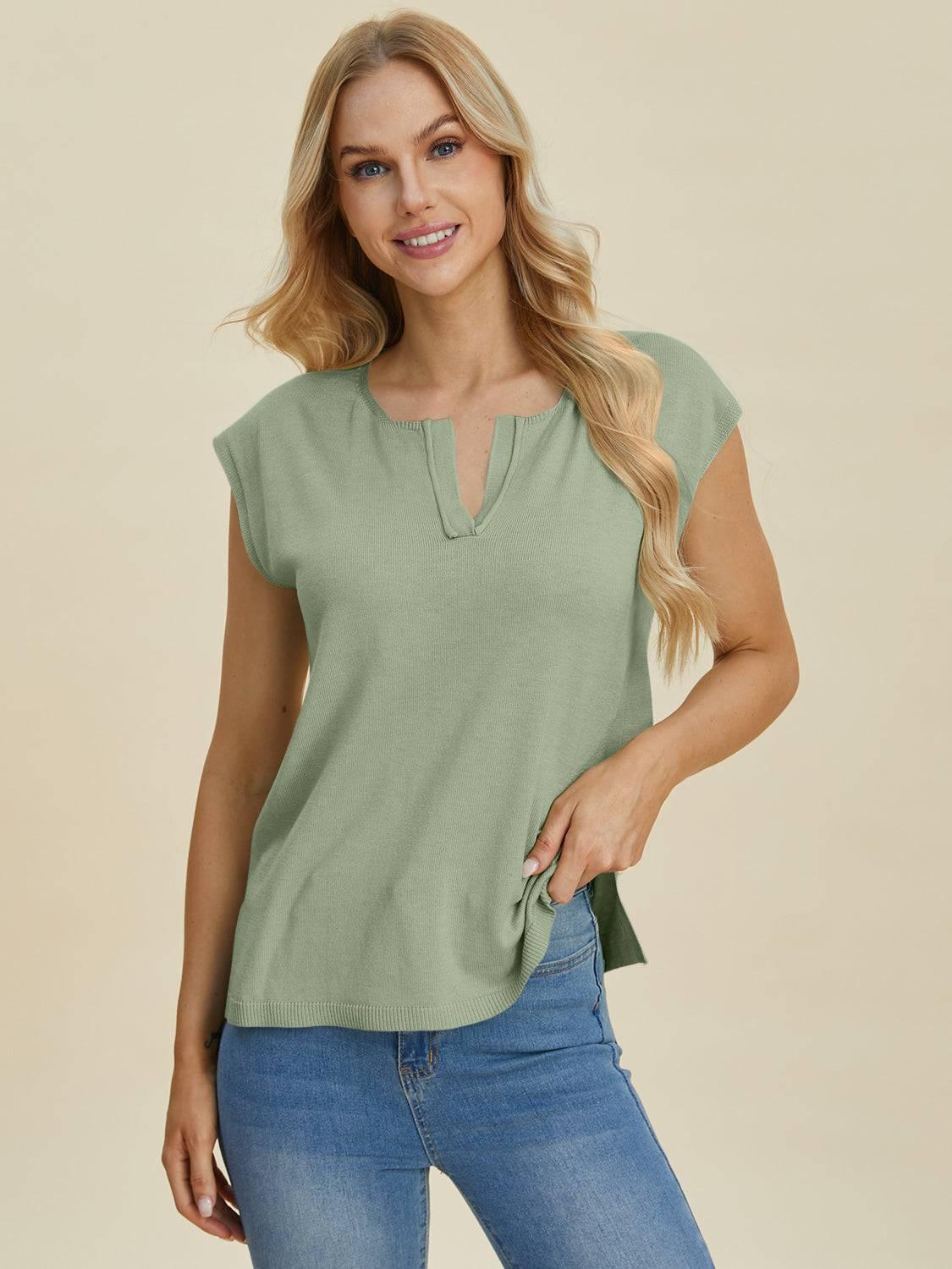Double Take Full Size Notched Cap Sleeve Knit Top - Clothes For Her Online Store