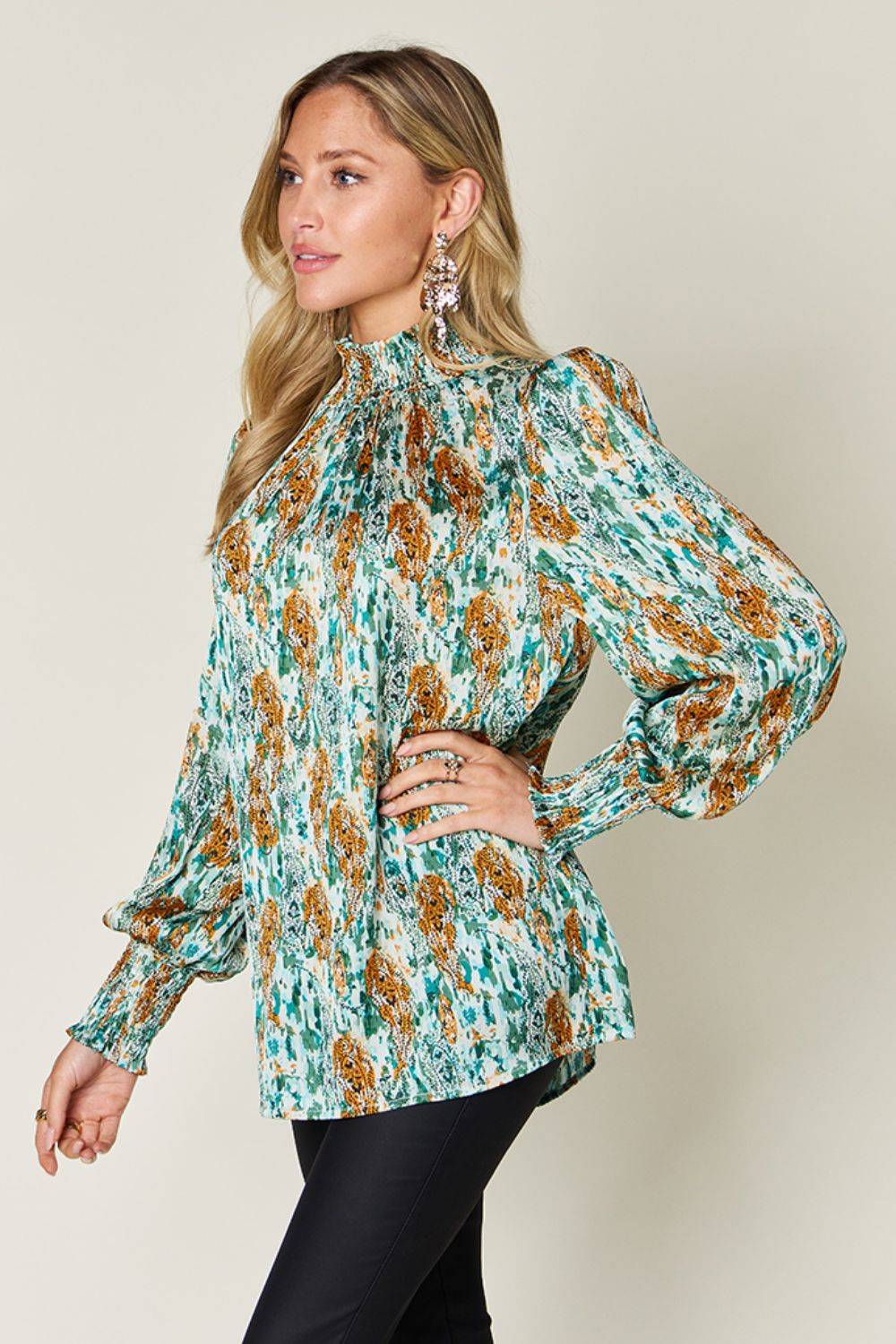 Double Take Full Size Printed Smocked Long Sleeve Blouse - Clothes For Her Online Store
