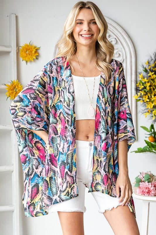 Heimish Full Size Multi Color Snake Open Cardigan Plus Size - Clothes For Her Online Store