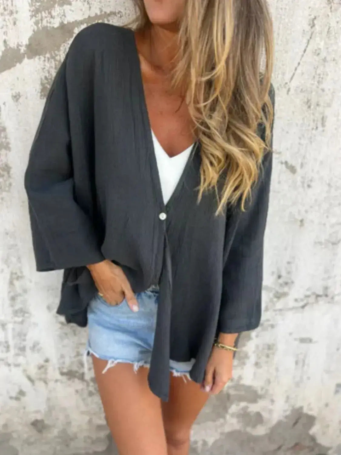 Full Size One Button Long Sleeve Shirt Plus Size - Clothes For Her Online Store