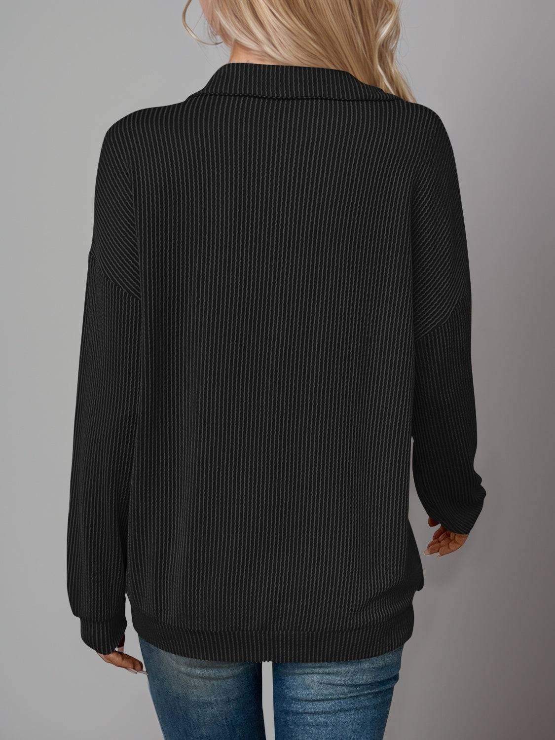 Double Take Striped Half Zip Long Sleeve T-Shirt - Clothes For Her Online Store