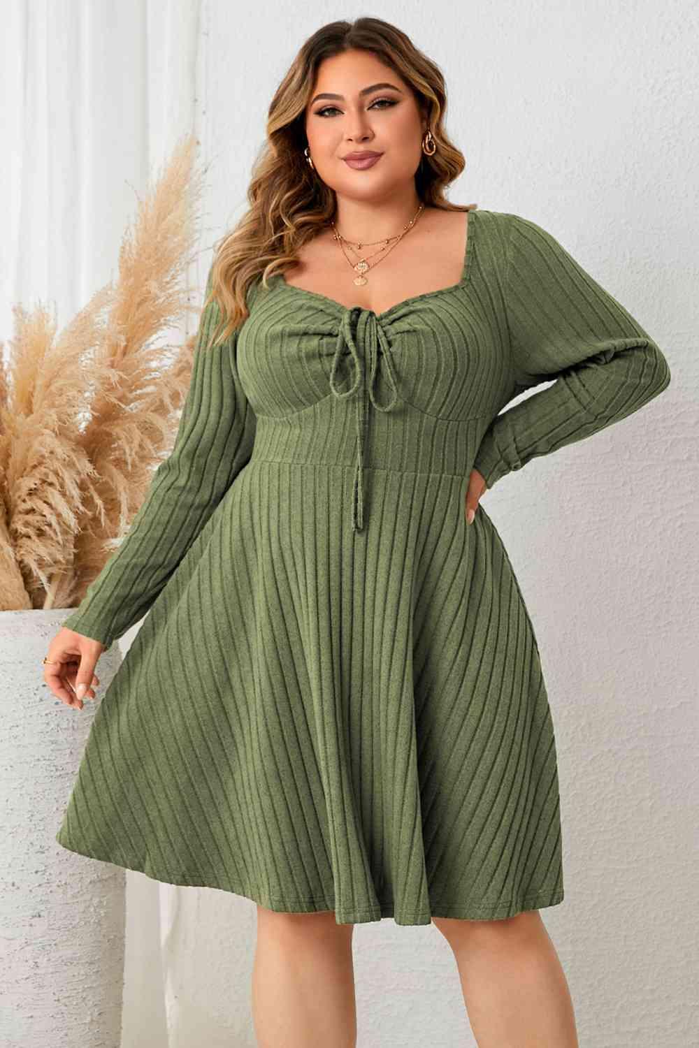 Honey Plus Size Sweetheart Neck Long Sleeve Ribbed Dress - Clothes For Her Online Store