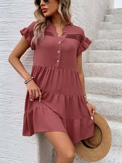 Perfee Tiered Notched Flounce Sleeve Mini Dress - Clothes For Her Online Store