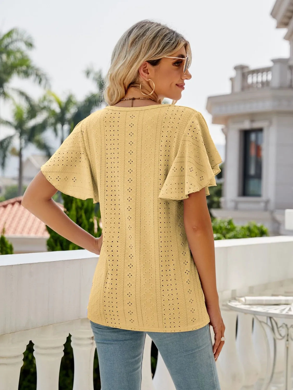 Eyelet Round Neck Flutter Sleeve T-Shirt