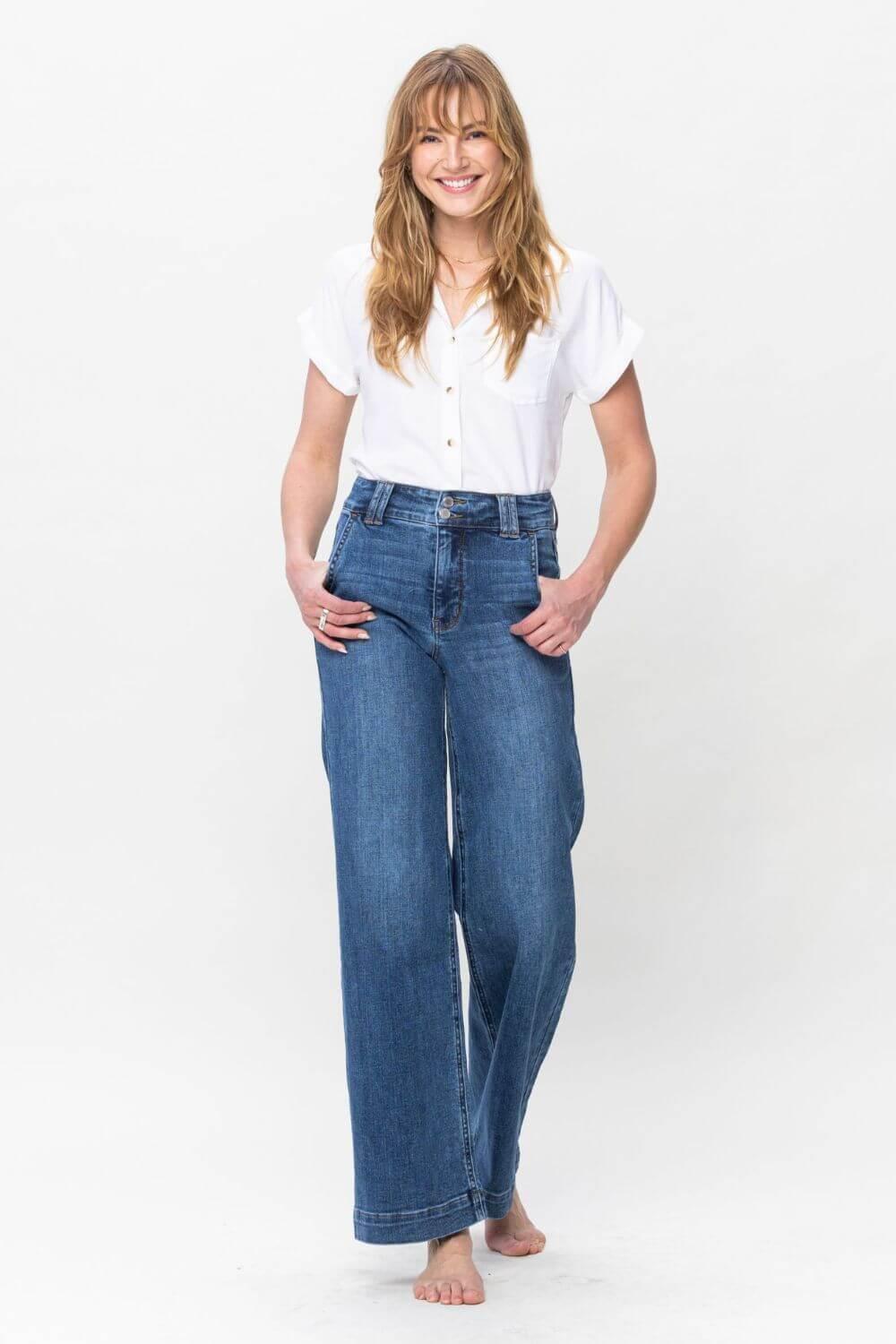 Judy Blue Full Size Double Button Wide Leg Jeans - Clothes For Her Online Store