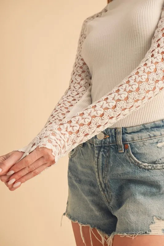 Aemi + Co Mock Neck Lace Long Sleeve Knit Top