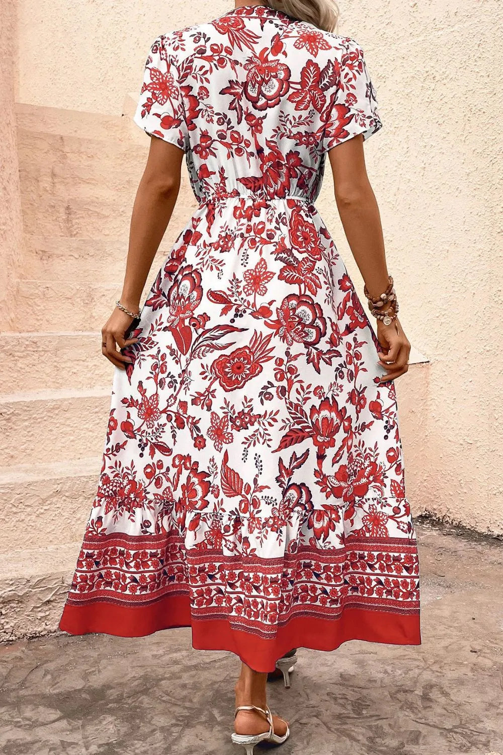 Printed Notched Short Sleeve Dress