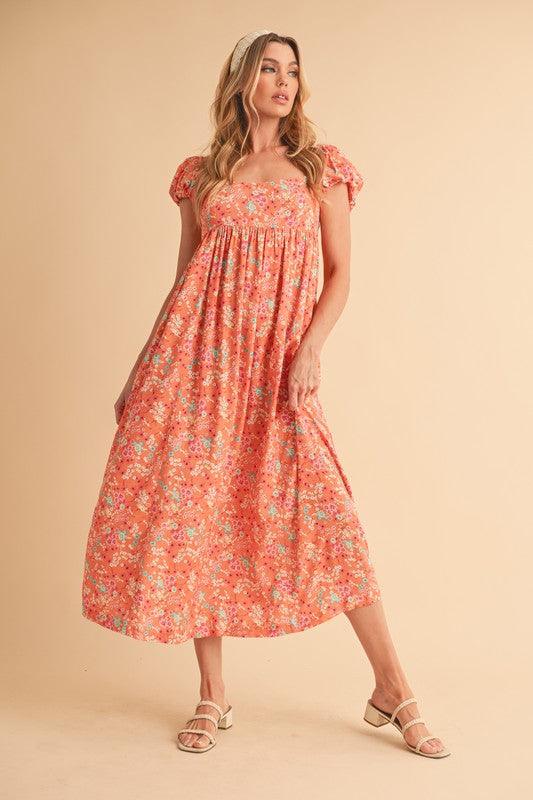 Aemi + Co Cutout Back Floral Square Neck Puff Sleeve Midi Dress - Clothes For Her Online Store