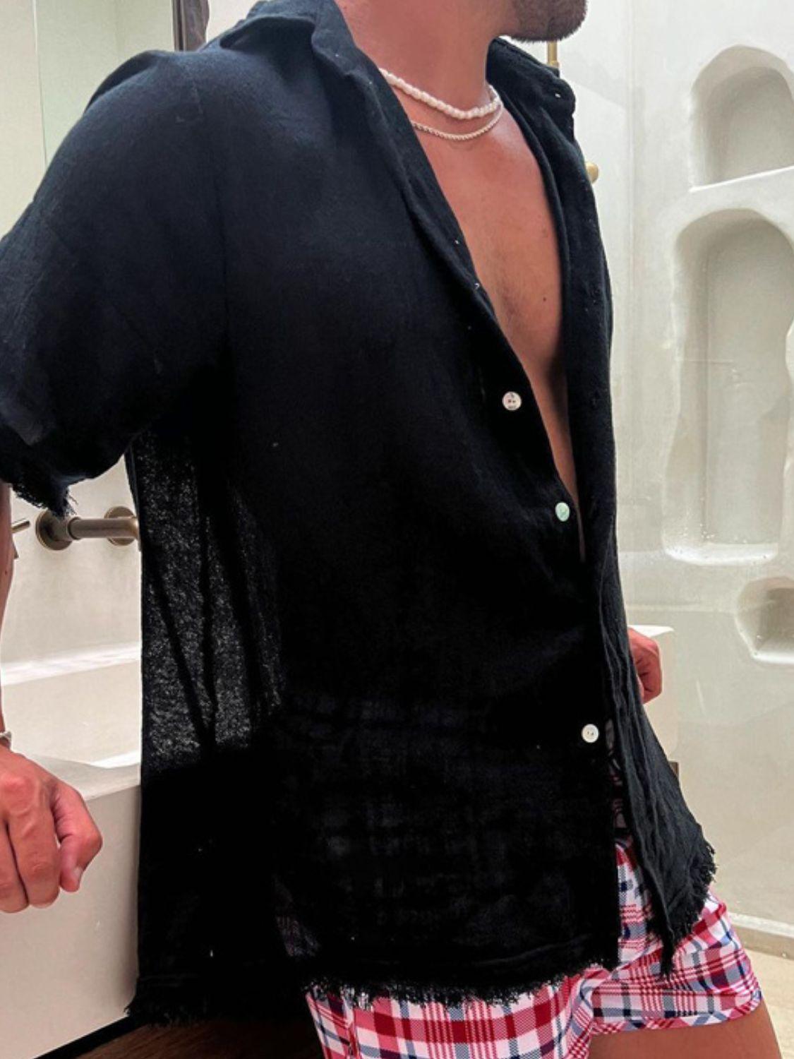 Men's Plus Size Raw Hem Button Down Collared Neck Shirt - Clothes For Her Online Store