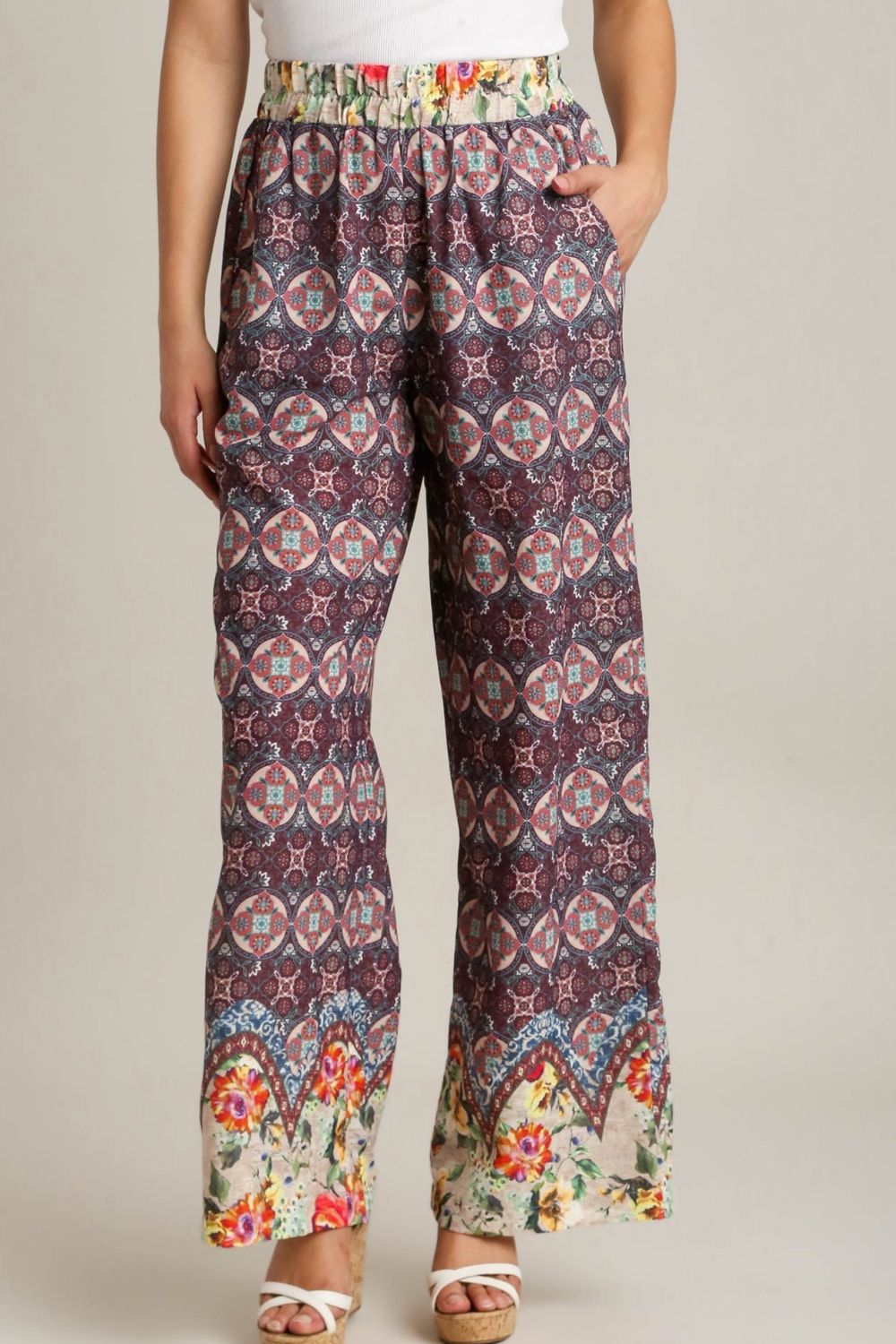 Umgee Full Size Mixed Print Elastic Waistband Pants Plus Size - Clothes For Her Online Store