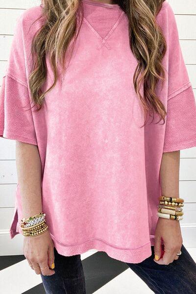 Mineral Wash Drop Shoulder Round Neck T-Shirt - Clothes For Her Online Store