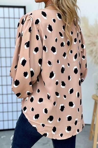Contrast Animal Print V-Neck Long Sleeve Blouse - Clothes For Her Online Store