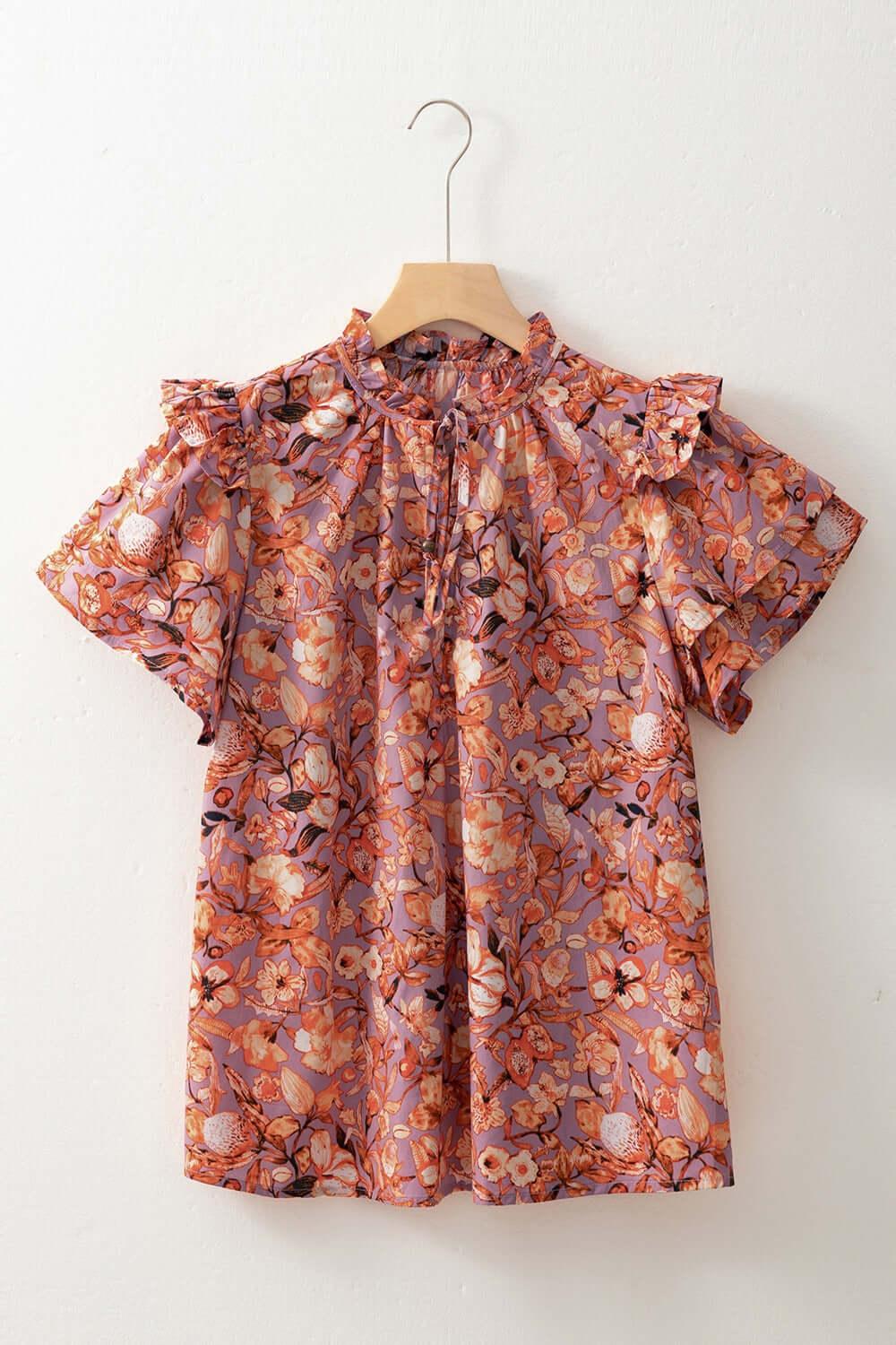 Floral Ruffled Layered Short Sleeve Tie Neck Blouse - Clothes For Her Online Store