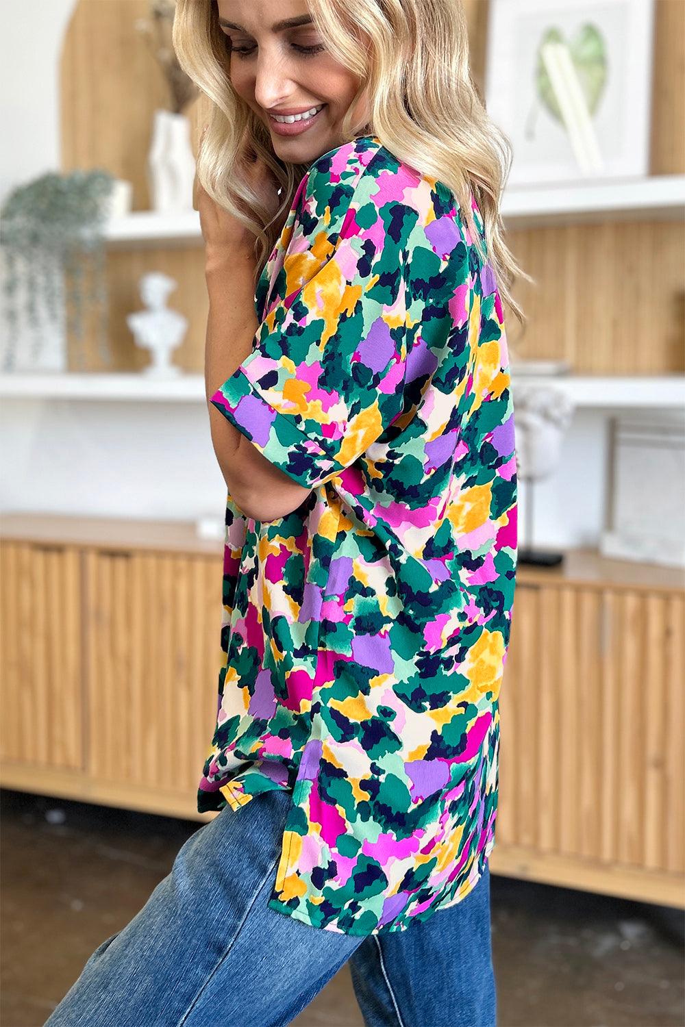 Double Take Full Size Printed V-Neck Short Sleeve Side Slit Top - Clothes For Her Online Store