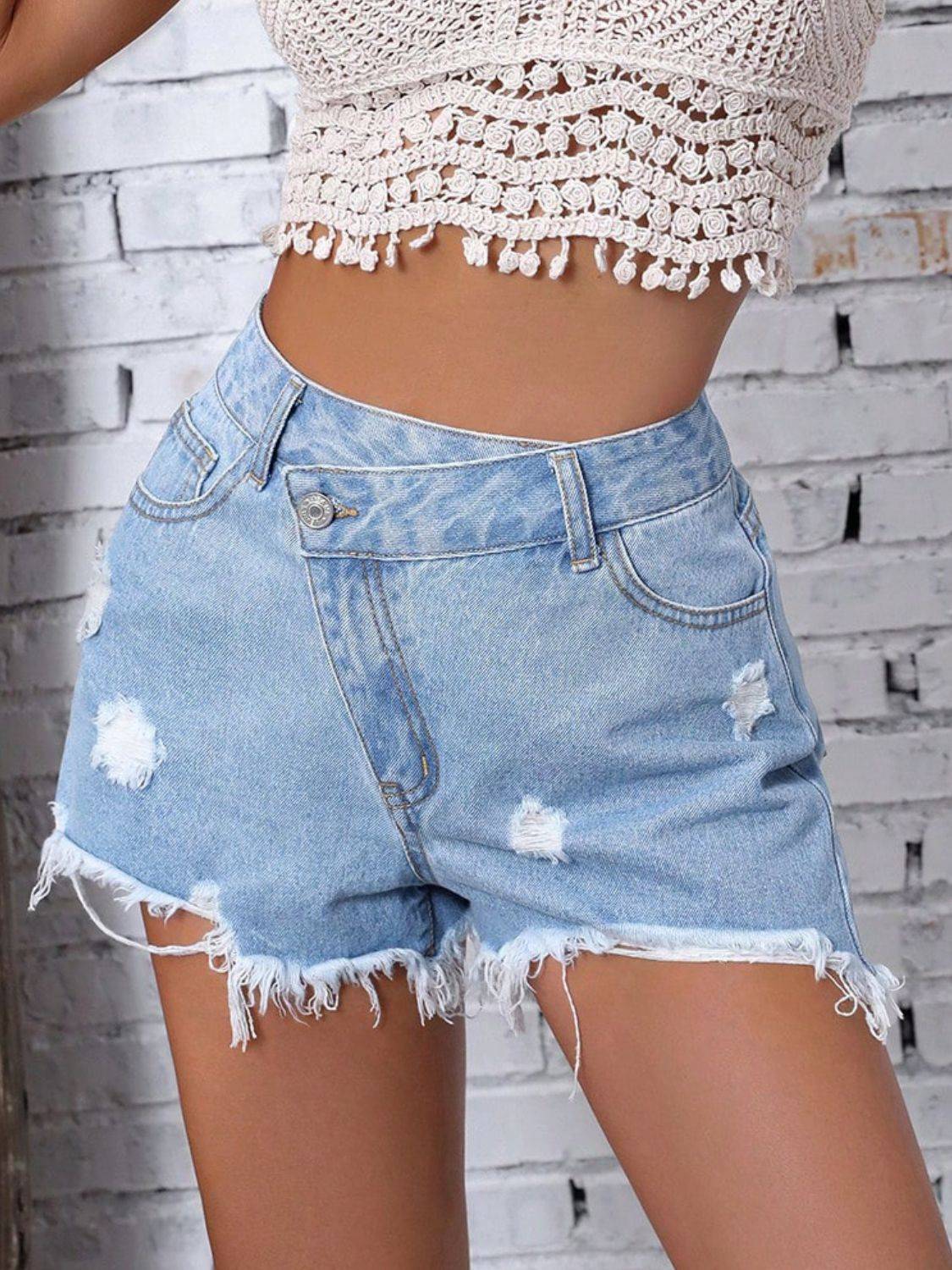 Distressed Raw Hem Denim Shorts - Clothes For Her Online Store