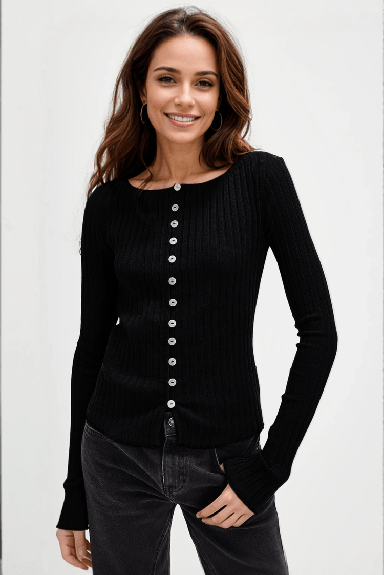 Basic Bae Texture Button Up Round Neck Long Sleeve Top - Clothes For Her Online Store