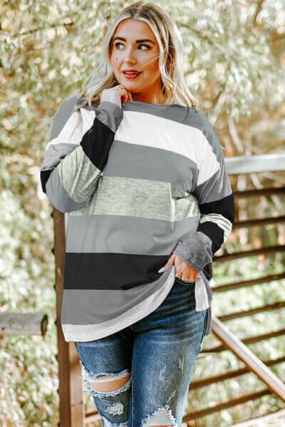 Plus Size Striped Slit Long Sleeve T-Shirt - Clothes For Her Online Store