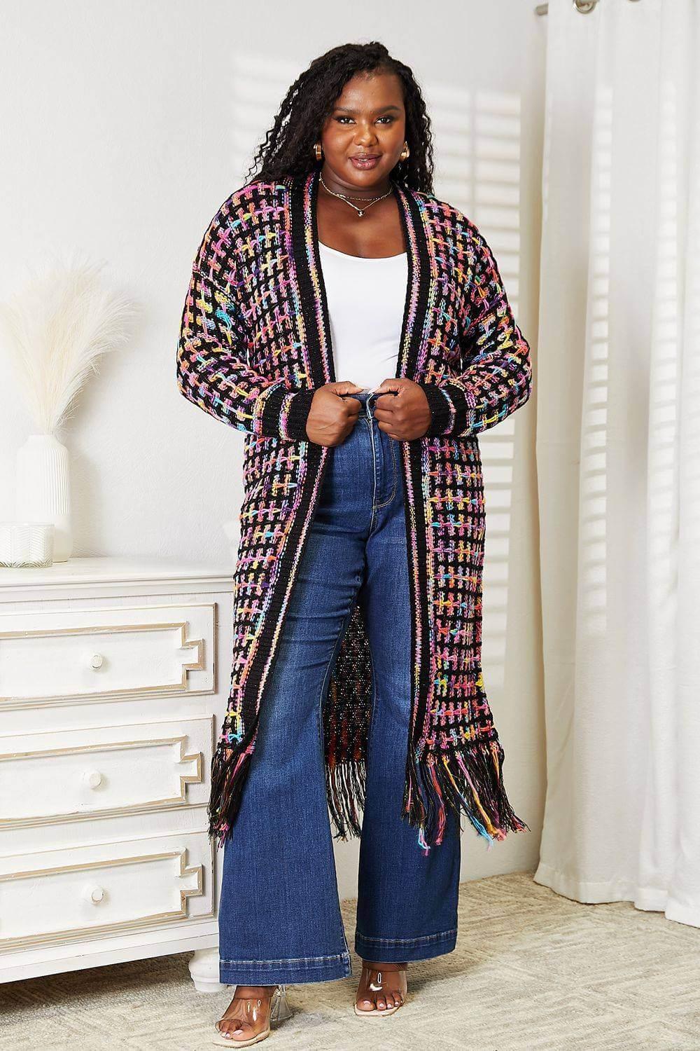 Angel Wings Full Size Multicolored Open Front Fringe Hem Cardigan - Clothes For Her Online Store