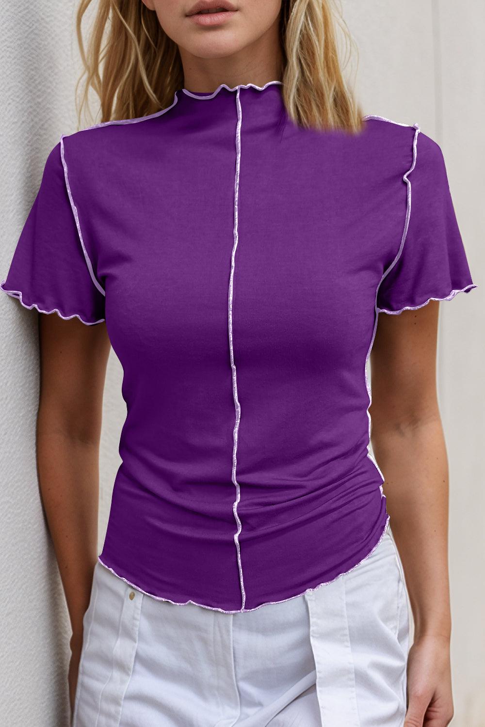 Basic Bae Contrast Trim Mock Neck Short Sleeve T-Shirt - Clothes For Her Online Store