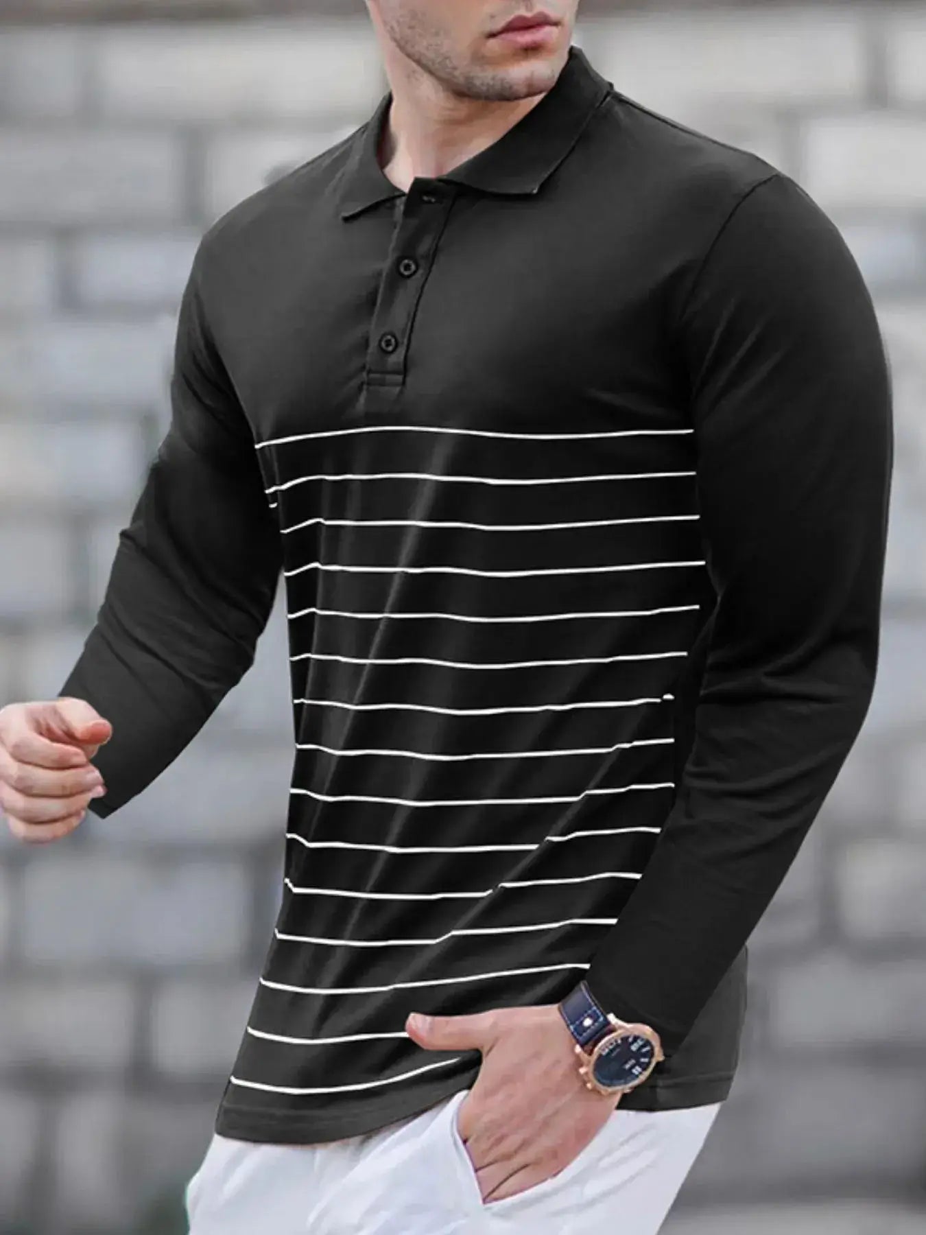 Men's Striped Long Sleeve Polo Shirt