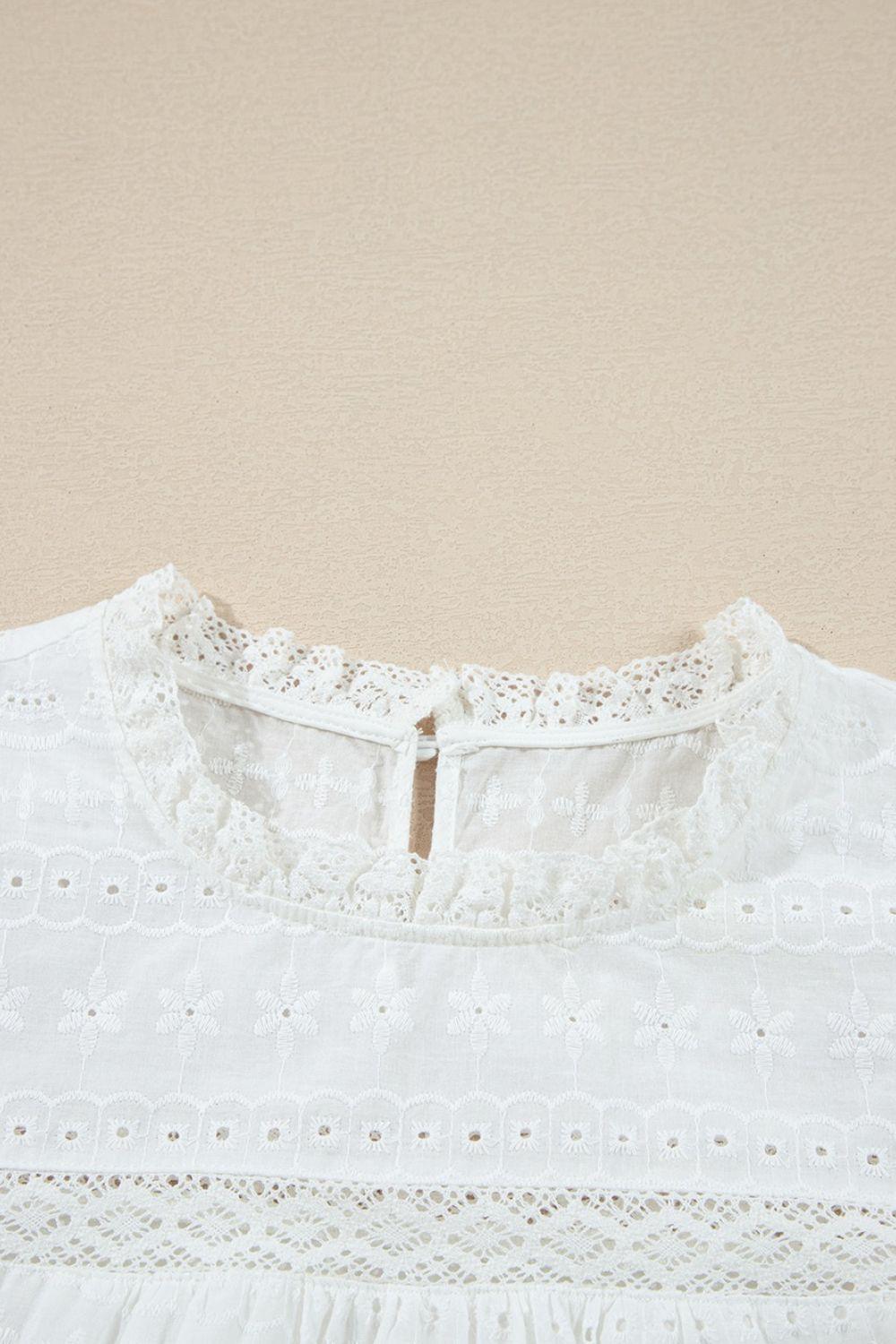 Lace Round Neck Flutter Sleeve Eyelet Blouse - Clothes For Her Online Store