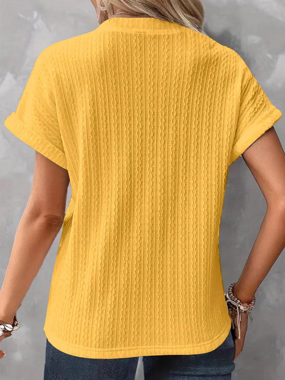 Textured Notched Short Sleeve Top - Clothes For Her Online Store