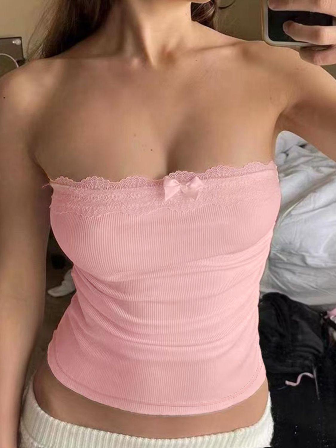 Devine Lace Detail Bow Tube Top - Clothes For Her Online Store