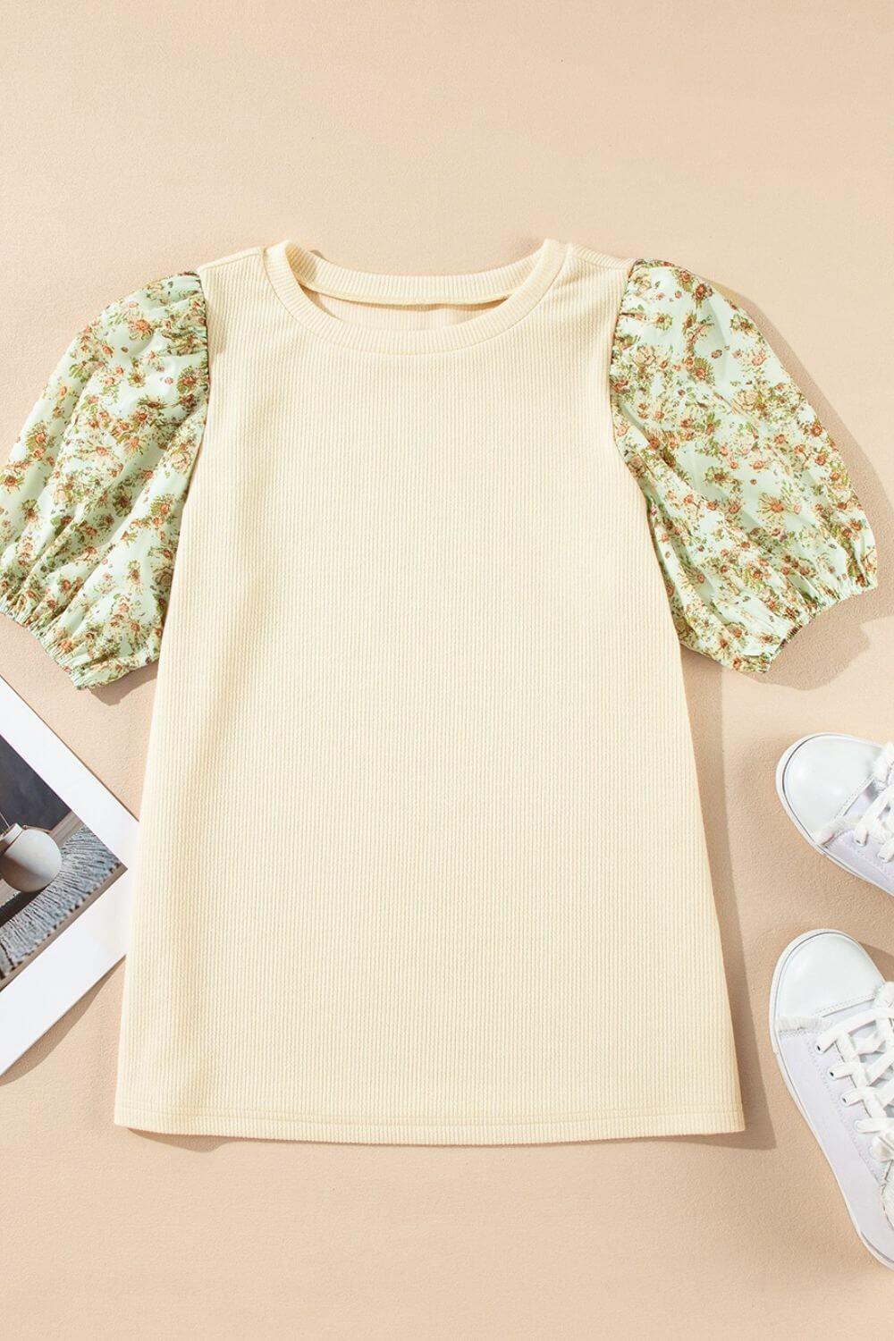 Floral Puff Sleeve Ribbed Blouse - Clothes For Her Online Store