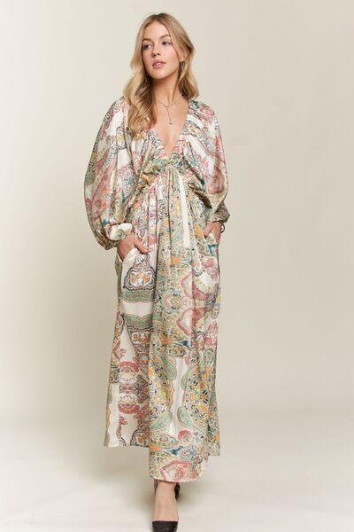 ADORA Printed V-Neck Batwing Sleeve Dress - Clothes For Her Online Store