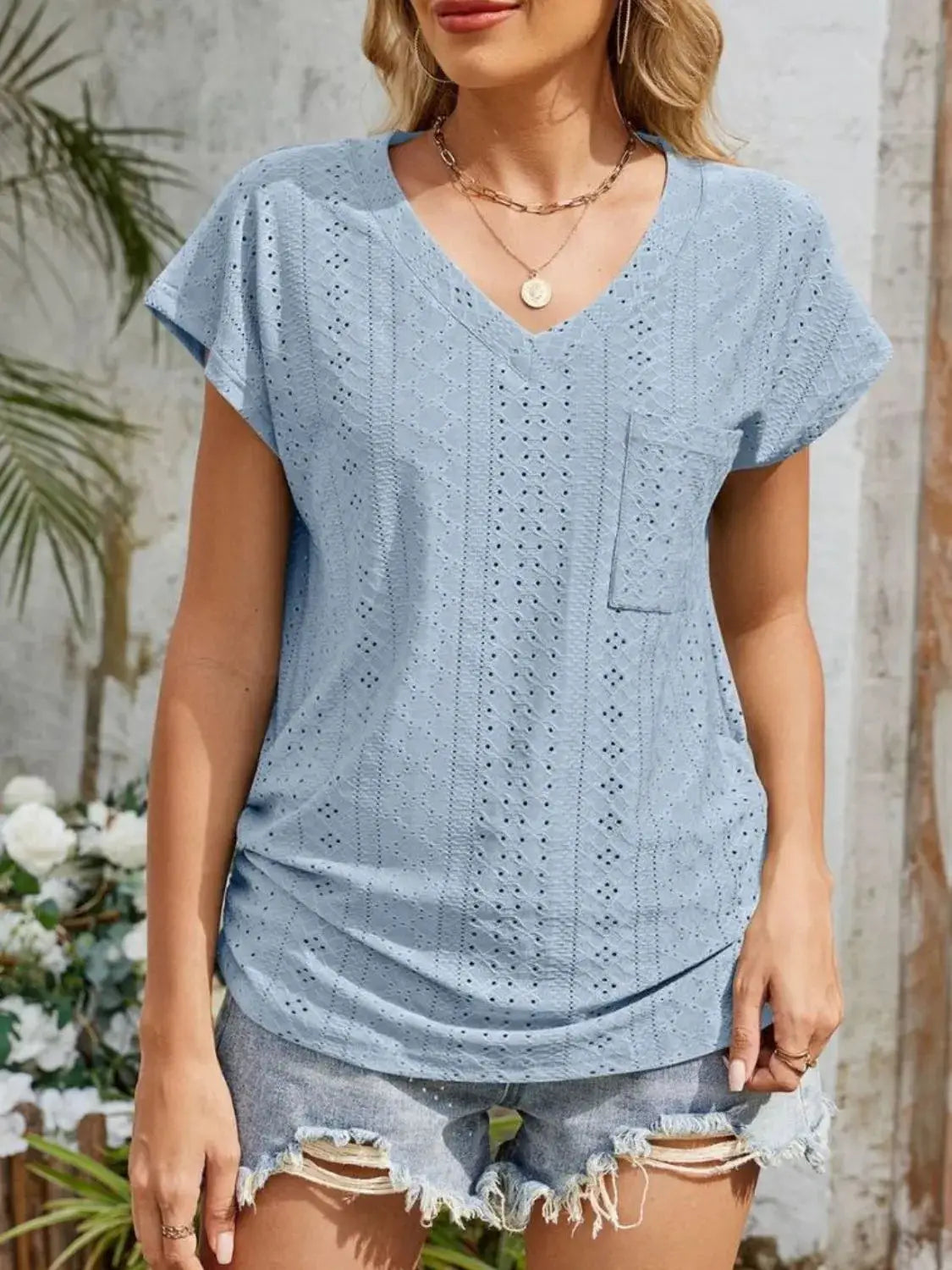 Eyelet V-Neck Short Sleeve Top - Clothes For Her Online Store