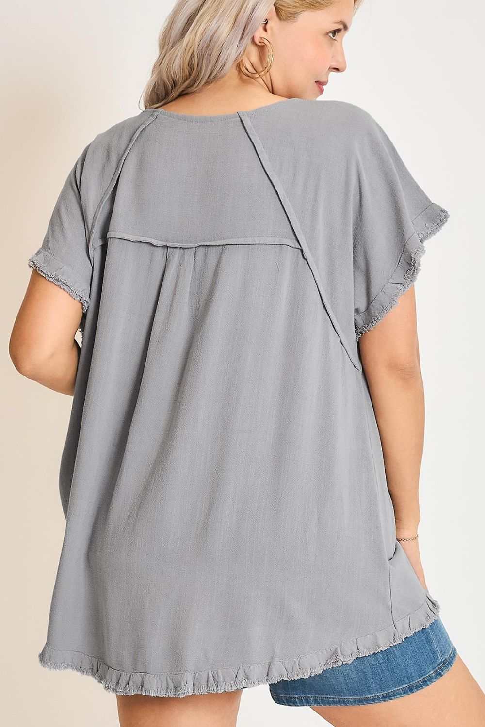 Umgee Full Size Seam Detail Linen Ruffle Fringe Edge Top Plus Size - Clothes For Her Online Store