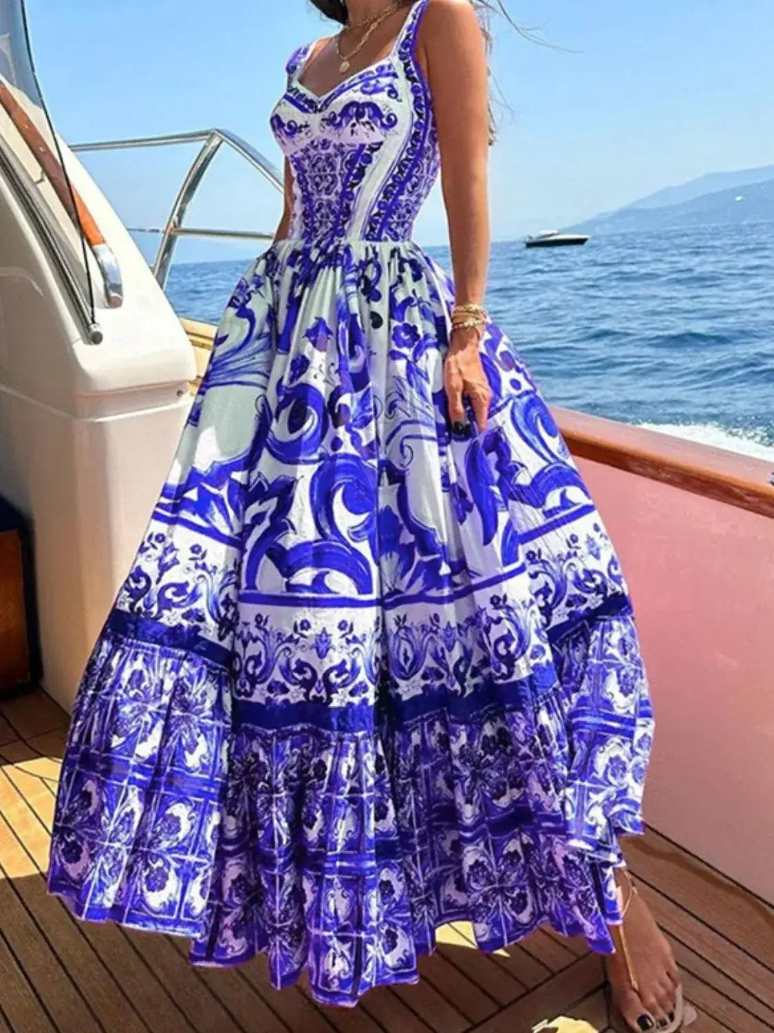 Smocked Printed Wide Strap Dress