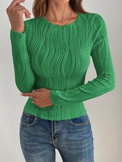 Textured Round Neck Long Sleeve Top - Clothes For Her Online Store