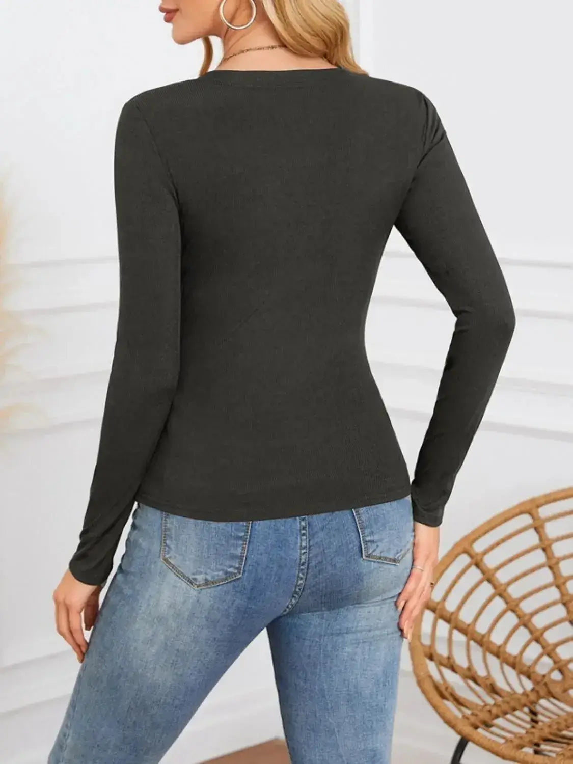 Notched Long Sleeve T-Shirt - Clothes For Her Online Store