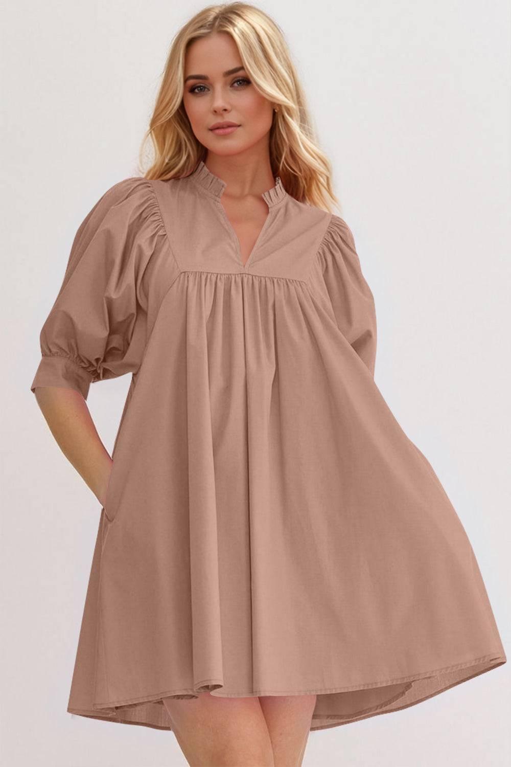 Oh Frill Notched Puff Sleeve Babydoll Mini Dress - Clothes For Her Online Store