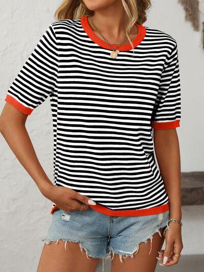 Mandy Striped Round Neck Half Sleeve Knit Top - Clothes For Her Online Store