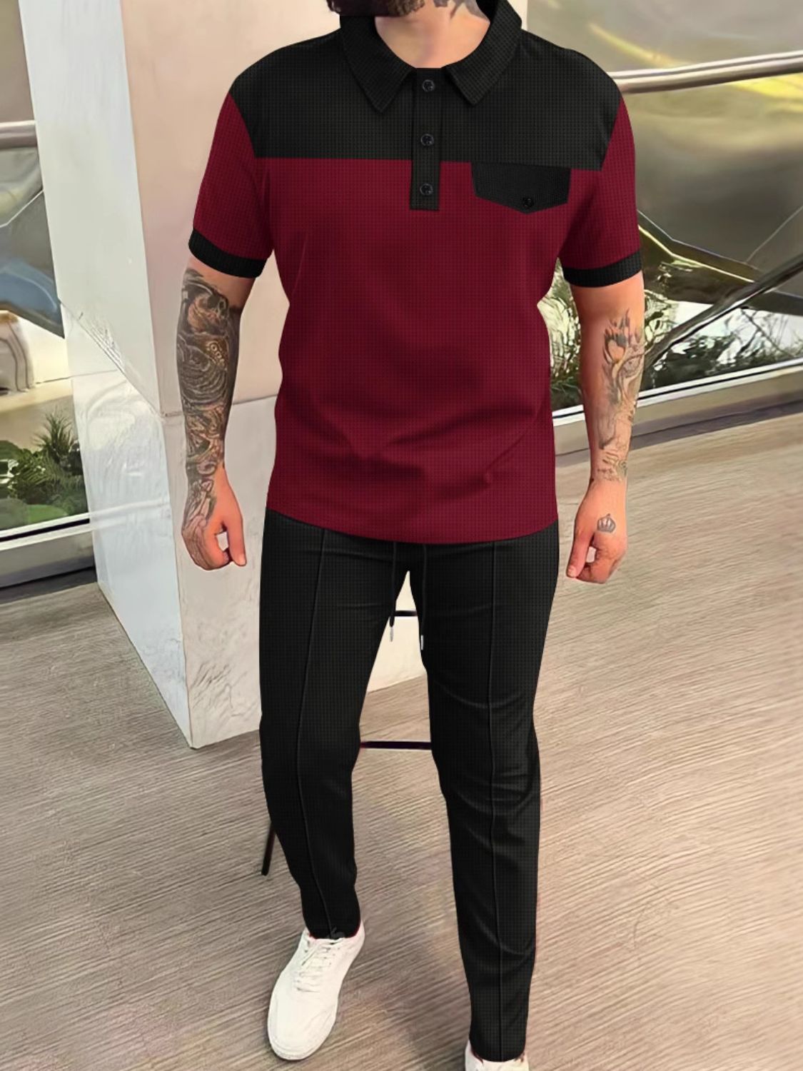 Men‘s Full Size Waffle-Knit Contrast Top and Pants Set Plus Size - Clothes For Her Online Store