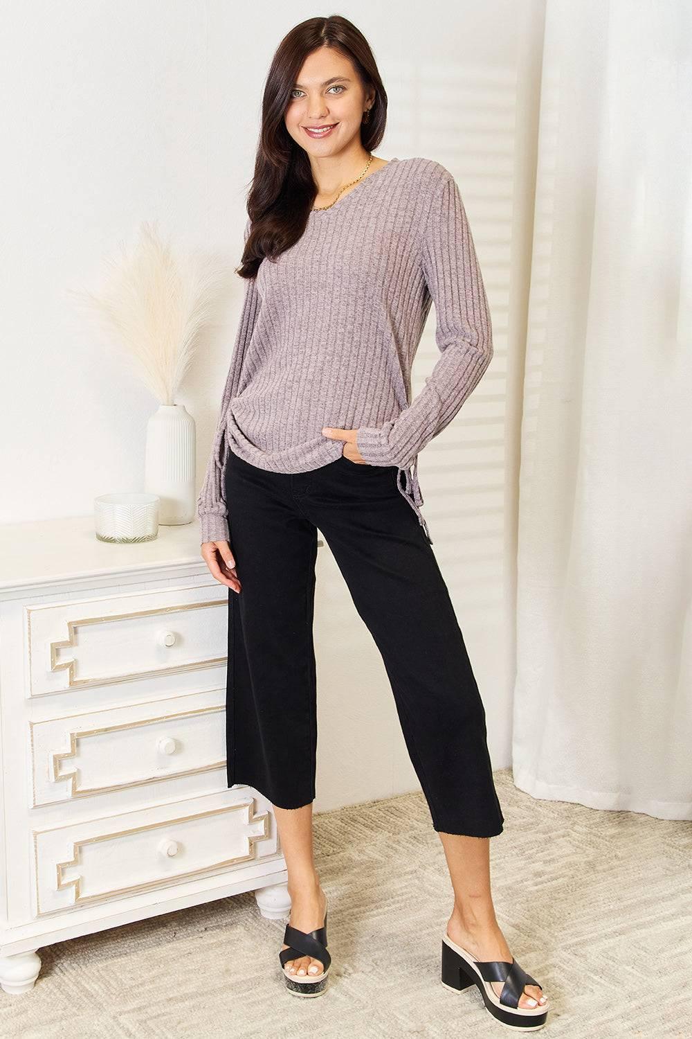 Double Take Drawstring Ribbed Long Sleeve T-Shirt - Clothes For Her Online Store