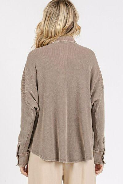 Mittoshop Mineral Wash Waffle Knit Collared Neck Henley Top - Clothes For Her Online Store
